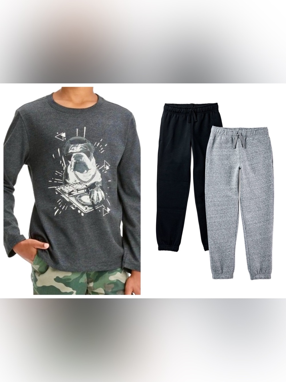 1 Cat & Jack Boys’ Long Sleeve DJ Bulldog Graphic T-Shirt & 2 Fleece Sweatpants